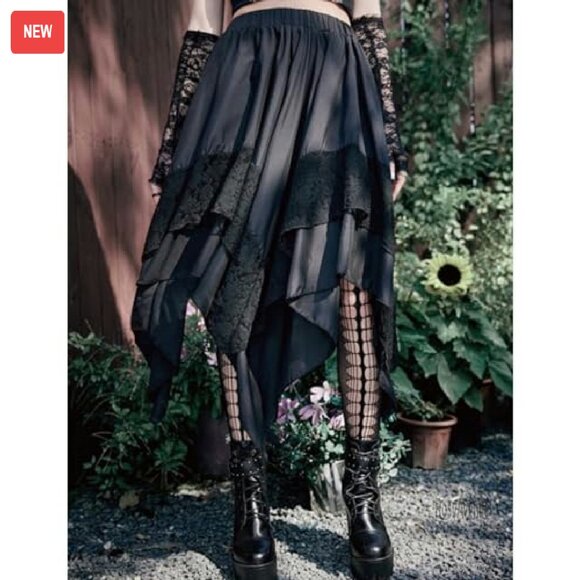 Gothic Lace Midi Skirt Asymmetrical A-Line High Waist Steampunk - Picture 6 of 8